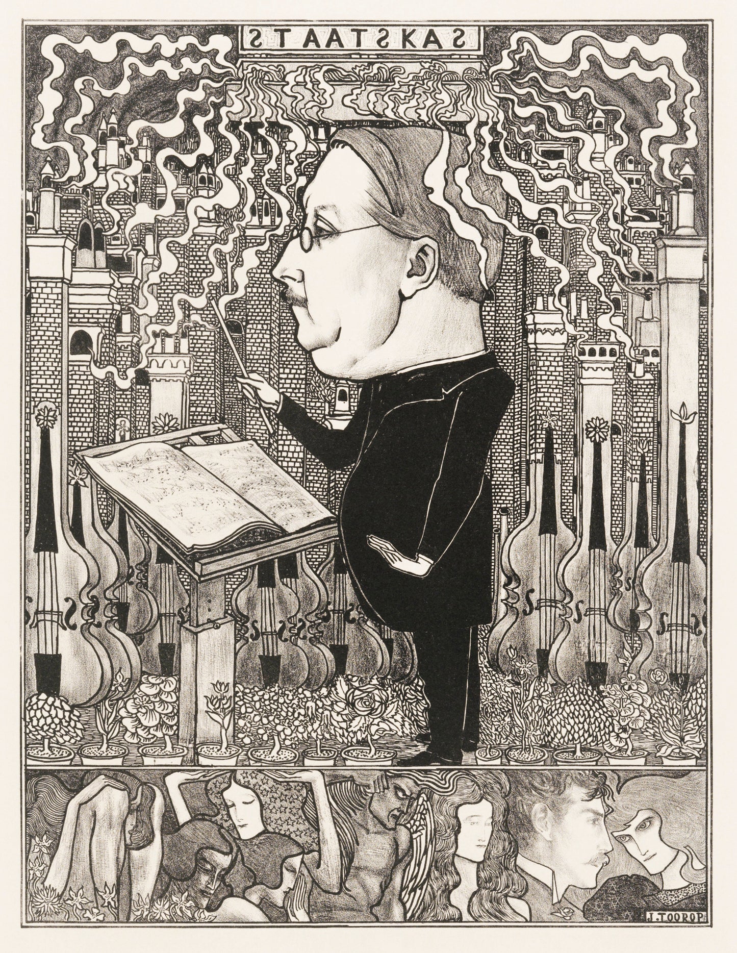 Conductor with violins and smoking chimneys behind (1895) by Jan Toorop