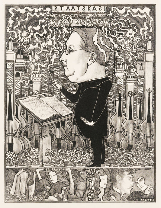 Conductor with violins and smoking chimneys behind (1895) by Jan Toorop